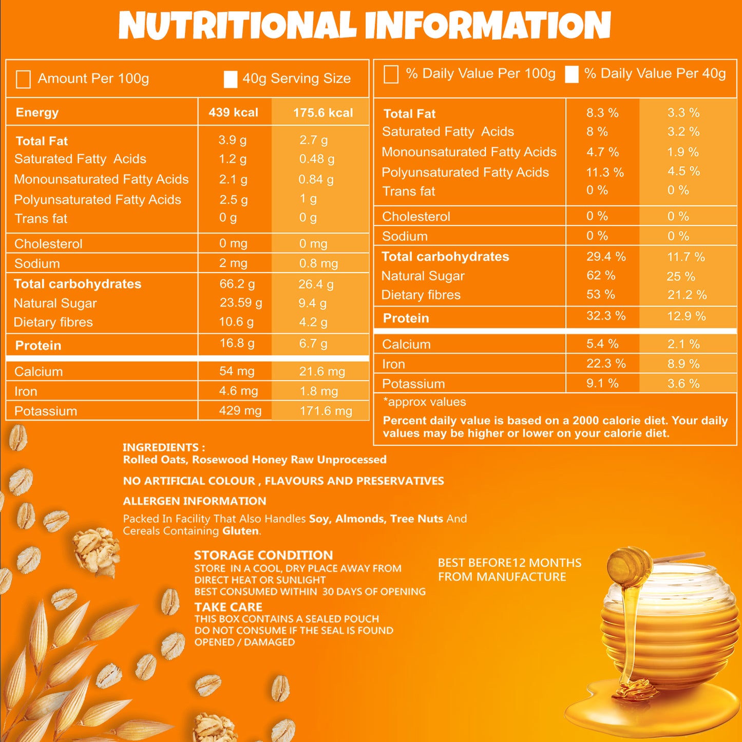 UNIFIT Honey Rolled Oats 400g
