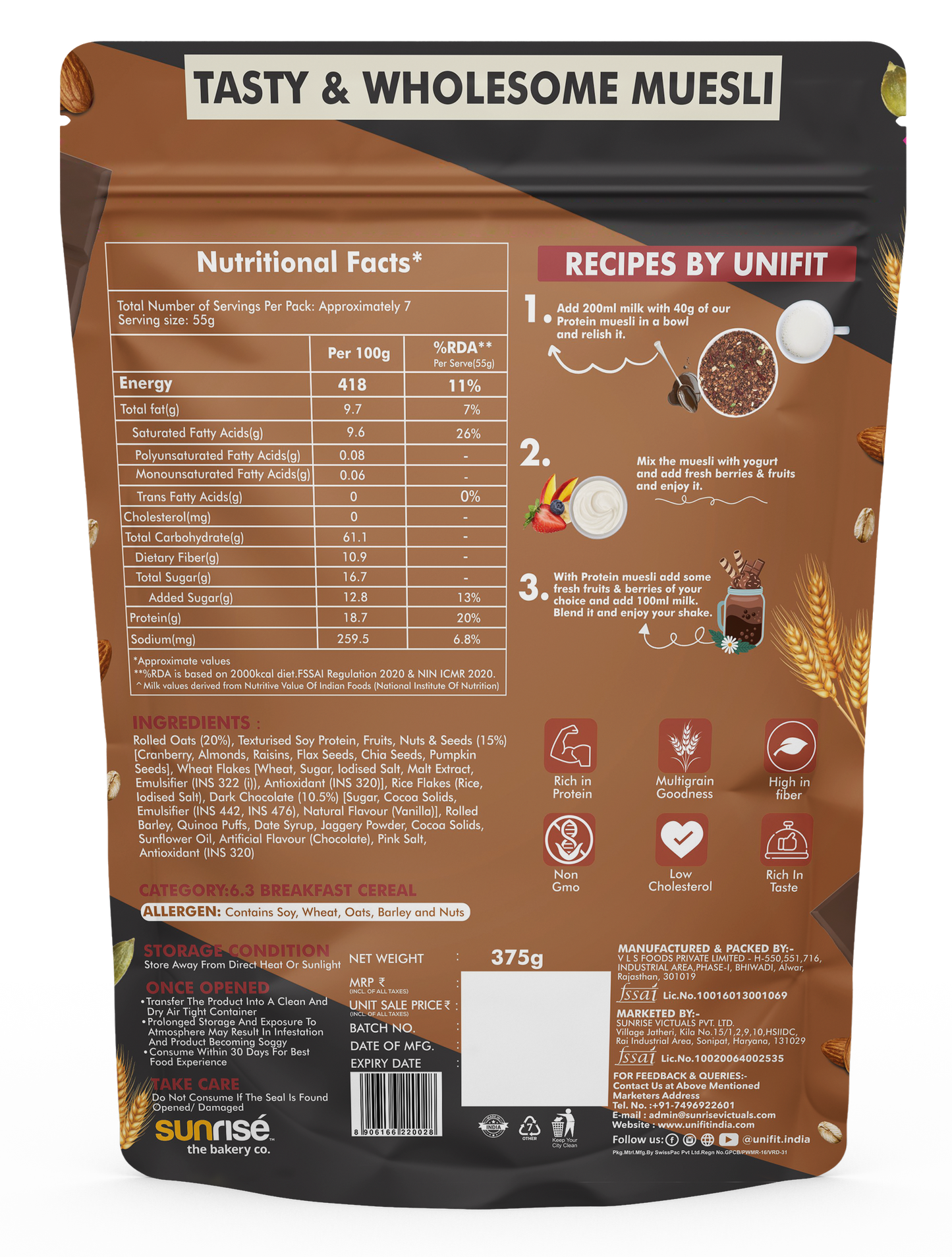 UNIFIT Protein Muesli with Chocolate and Cranberry 375g