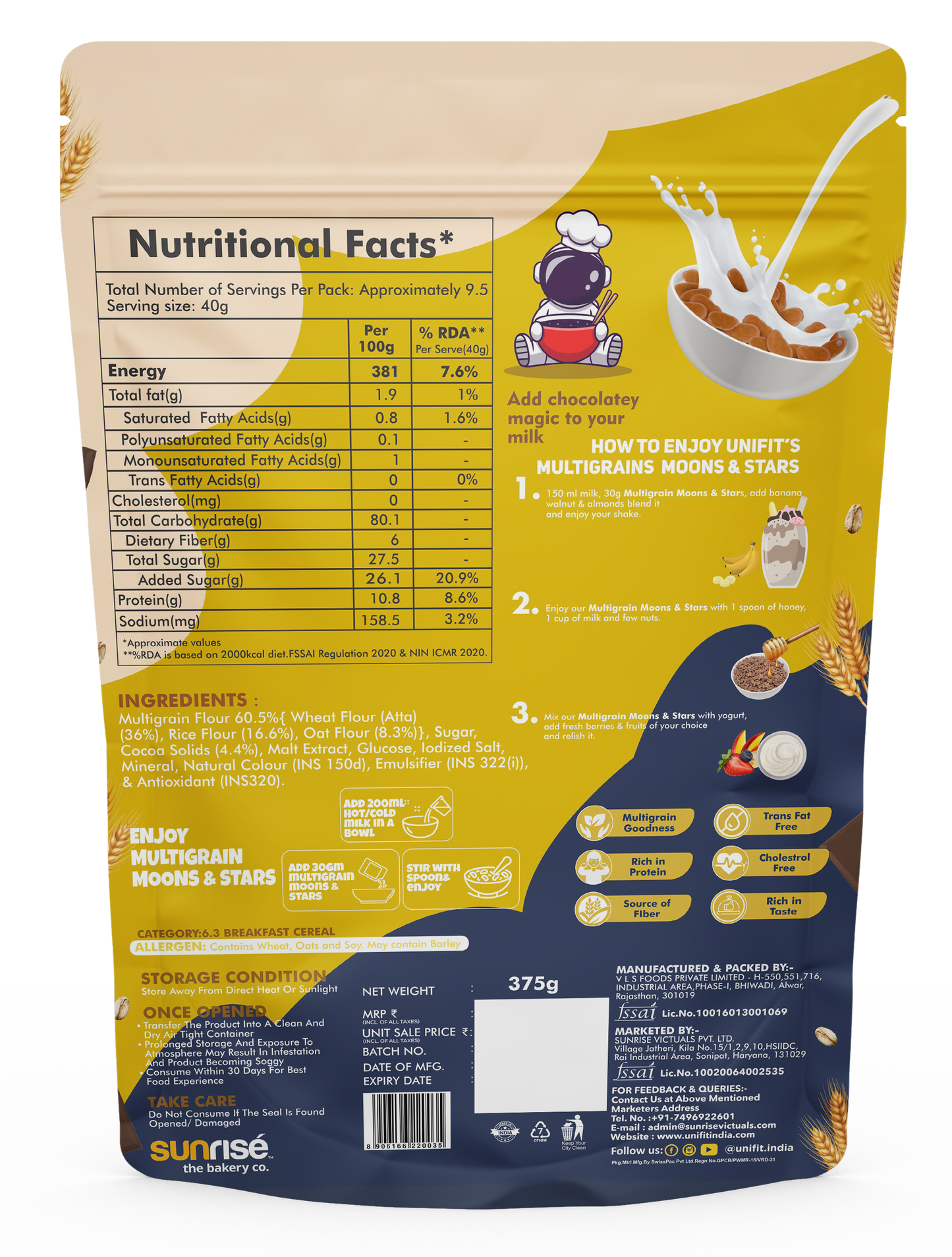 UNIFIT Multigrain Choco Moons & Stars 375g