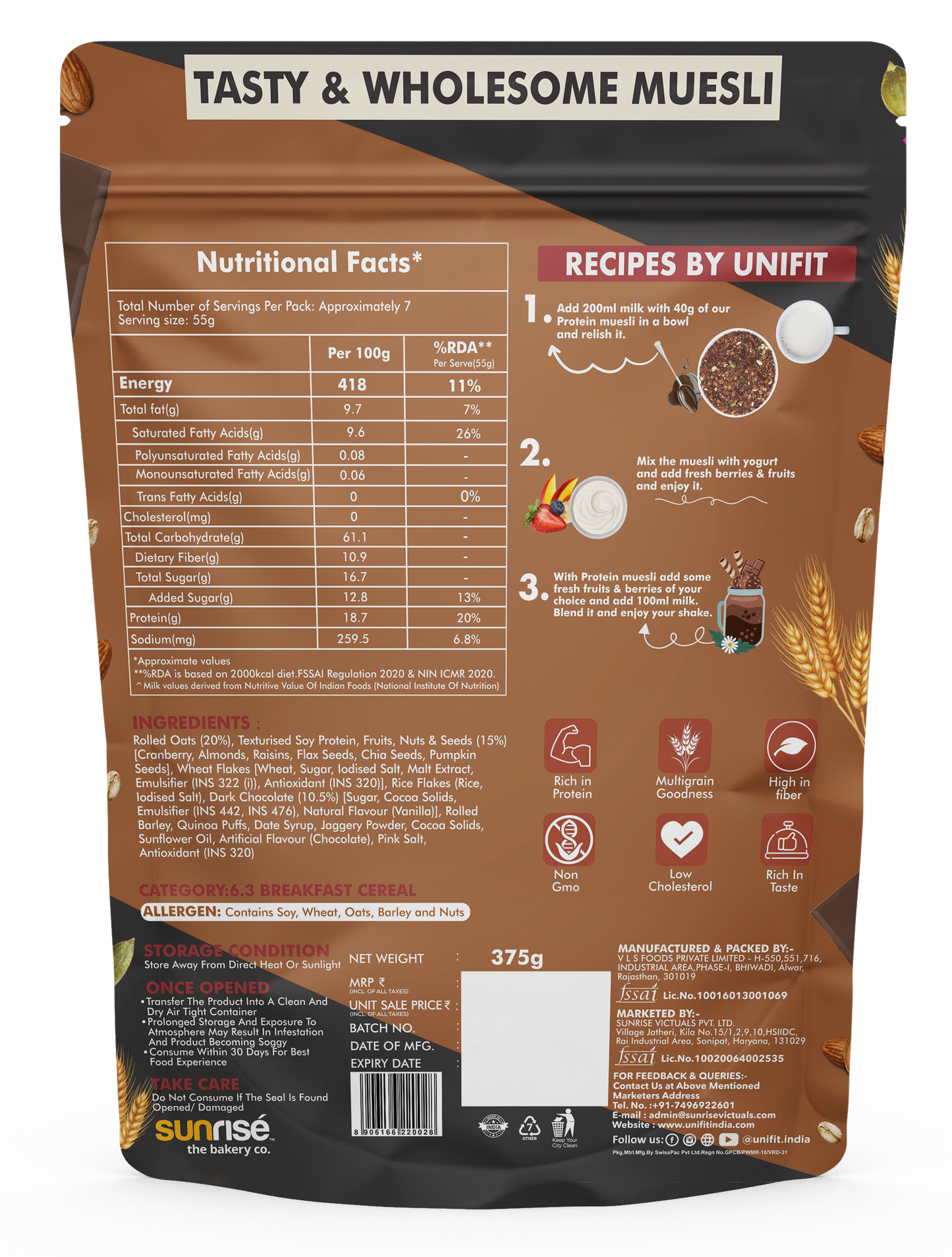 UNIFIT Protein Muesli with Chocolate and Cranberry