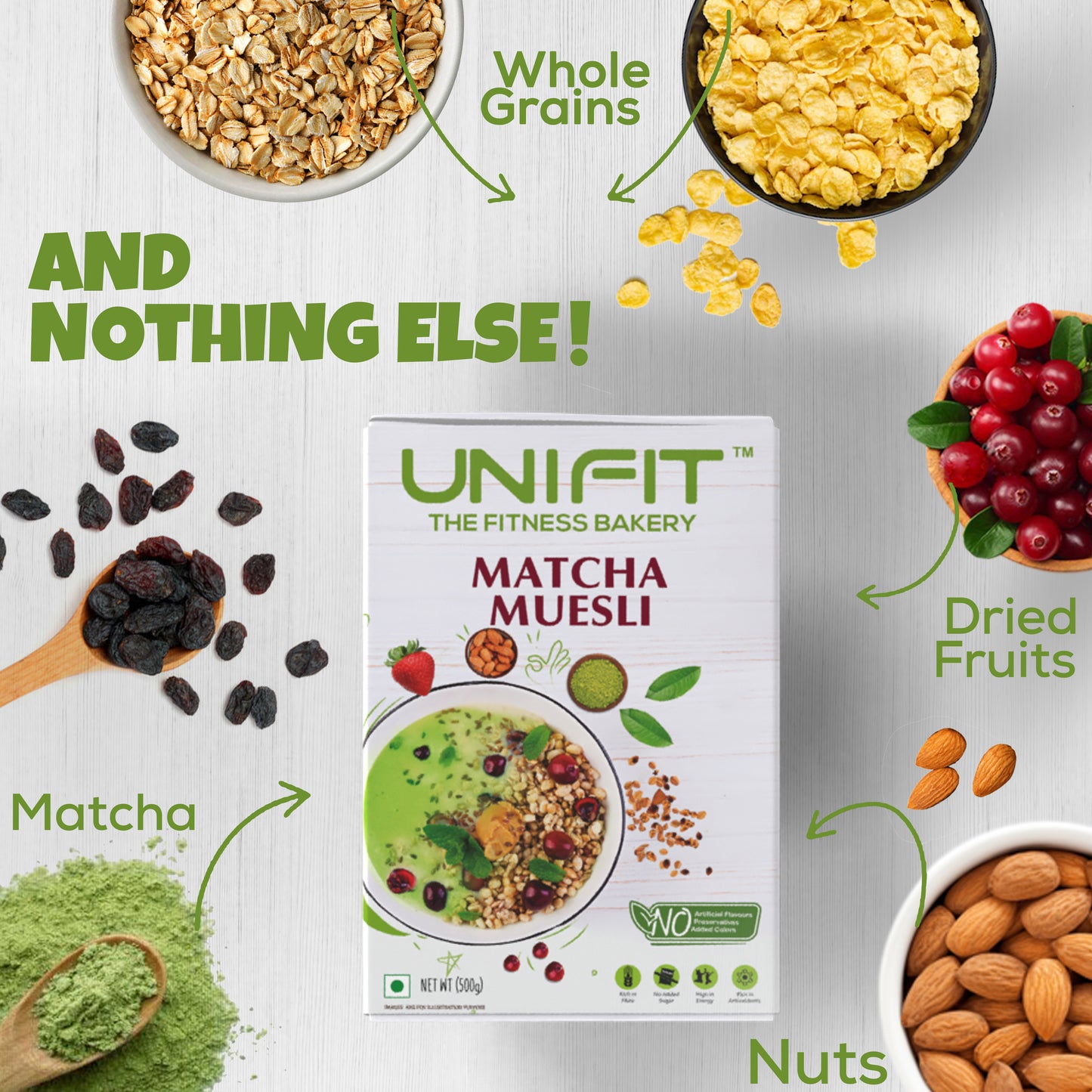 UNIFIT Muesli Cereal for Breakfast | Matcha Powder 500g