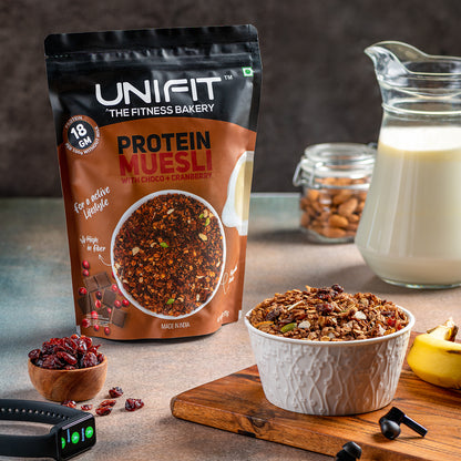 UNIFIT Protein Muesli: Chocolate & Cranberry Crunch for Protein-Packed Breakfast.