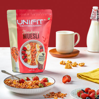 UNIFIT Strawberry Muesli: Delicious Breakfast Choice Bursting with Strawberry Flavor. 